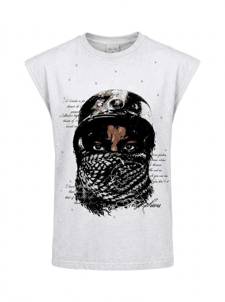 "Masked Vision" Raw-Hem Sleeveless Tee
