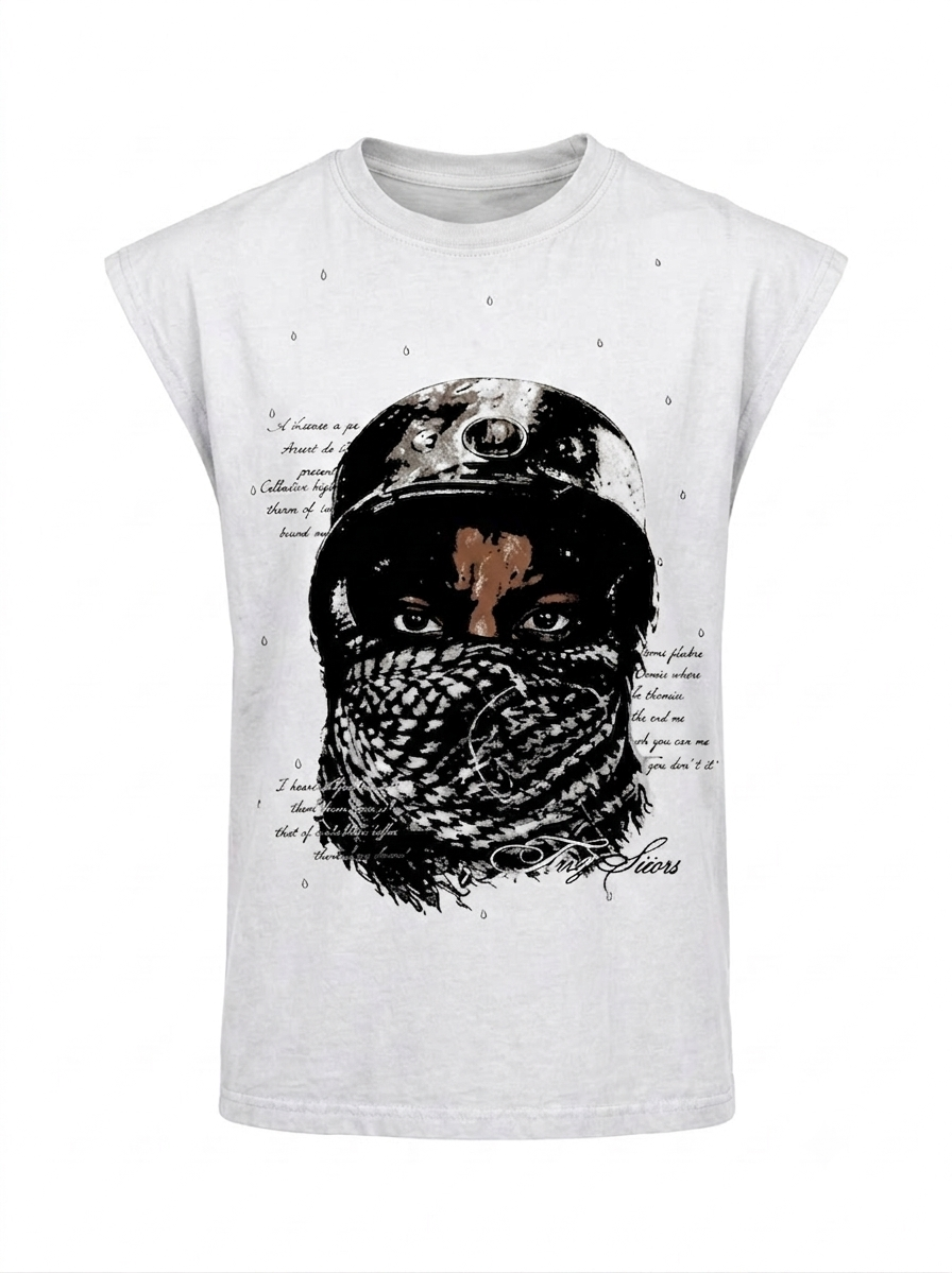 "Masked Vision" Raw-Hem Sleeveless Tee