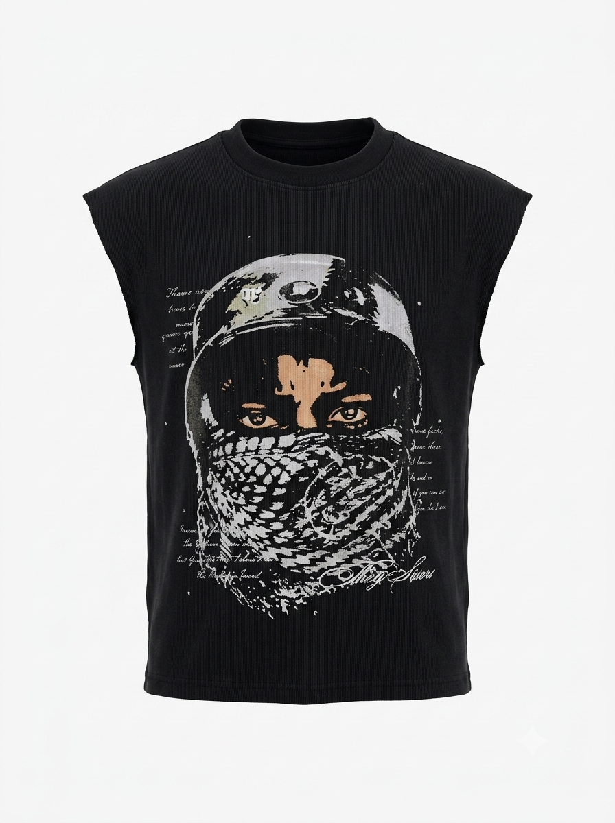 "Masked Vision" Raw-Hem Sleeveless Tee