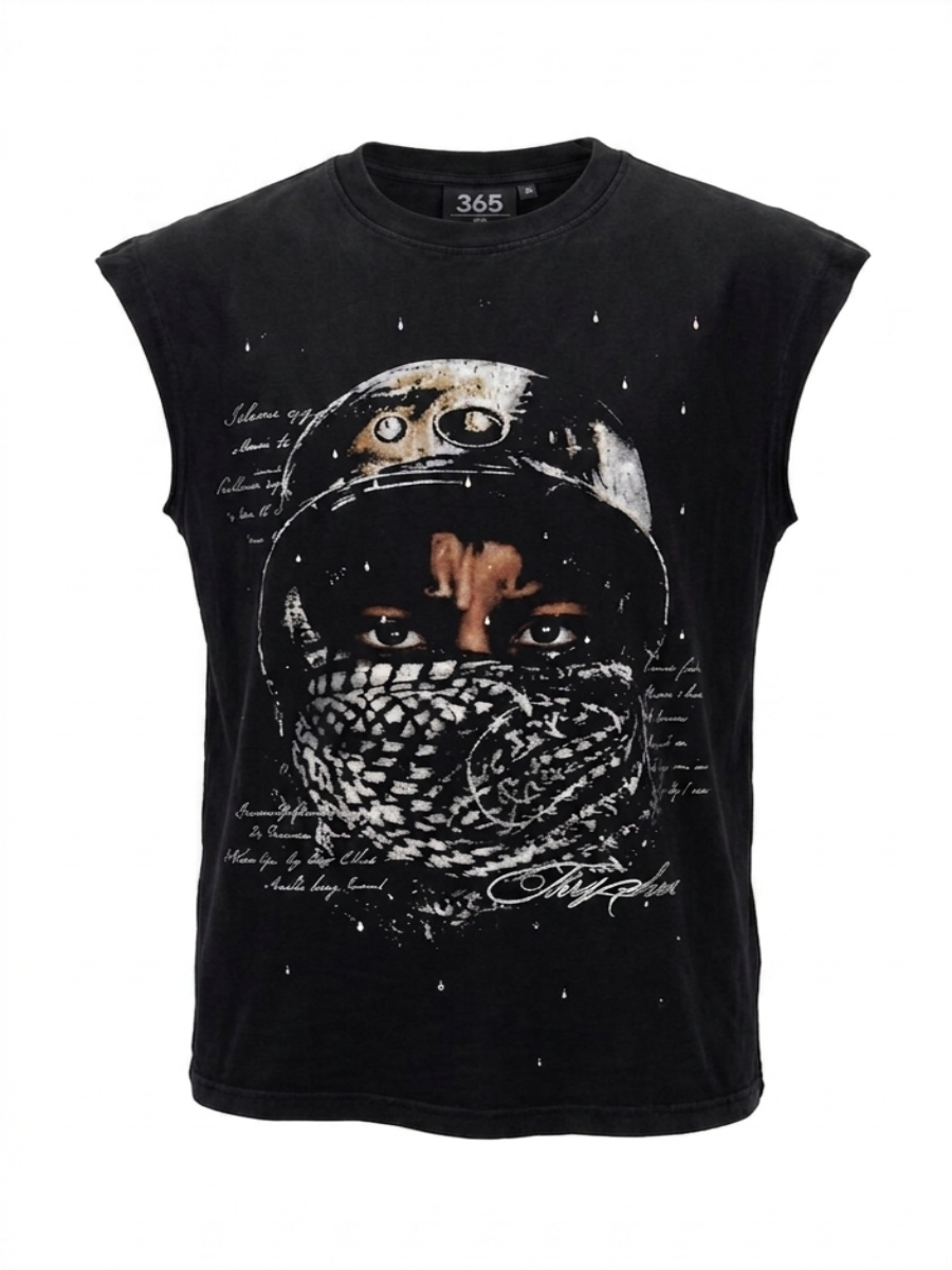 "Masked Vision" Raw-Hem Sleeveless Tee