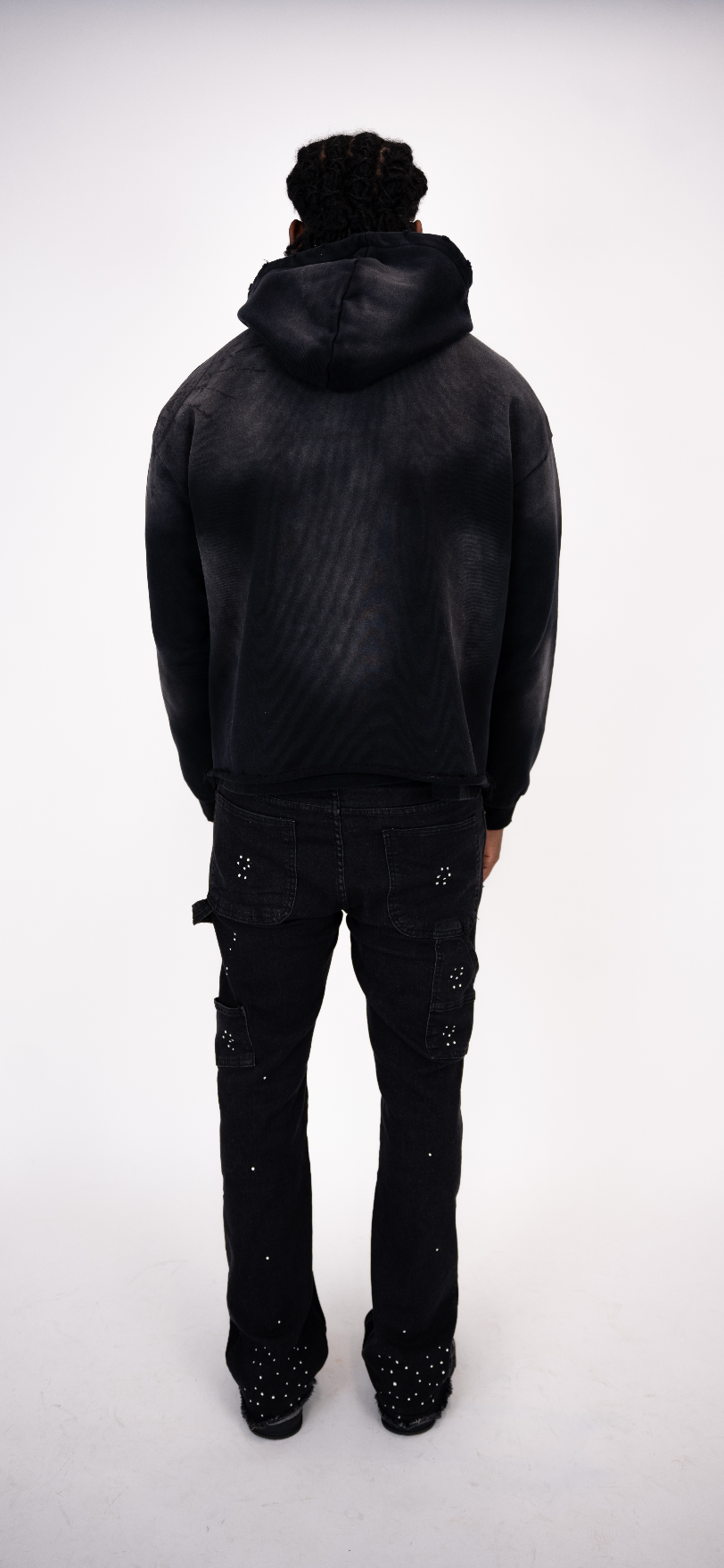 Distressed Heavy Black Designer Hoodie Back profile