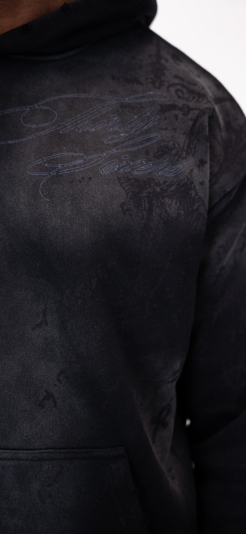 Distressed Heavy Black Designer Hoodie Graphic print details 