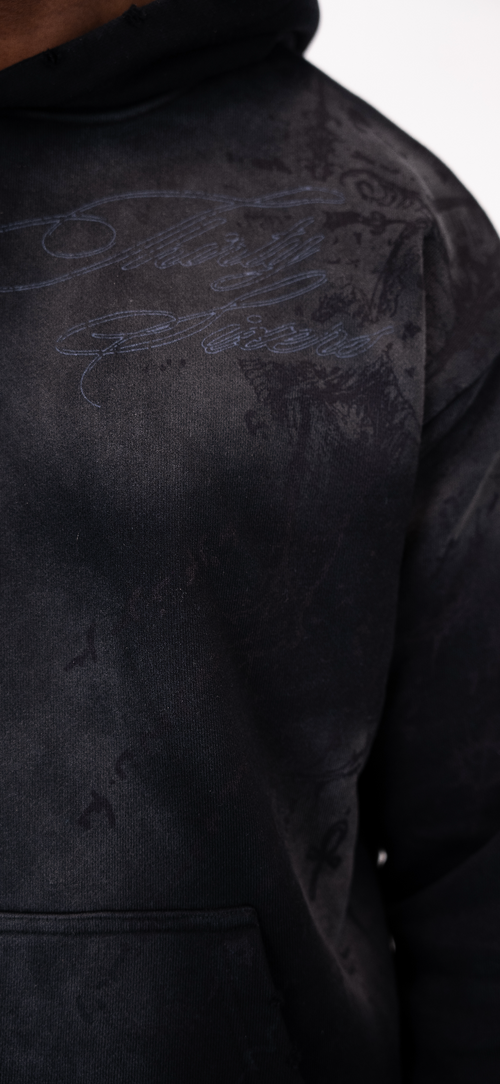 Distressed Heavy Black Designer Hoodie Graphic print details 
