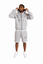 heather grey xxxvi shorts set tracksuit pose distressed thirtysixers 36 designer set embroidered logo 