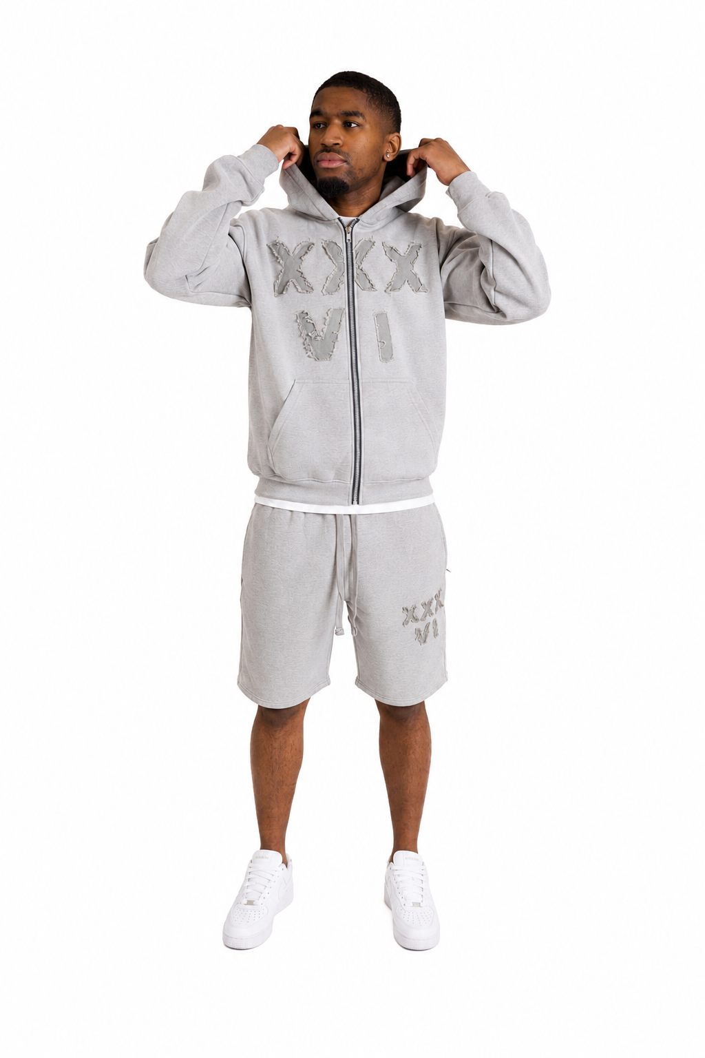 heather grey xxxvi shorts set tracksuit pose distressed thirtysixers 36 designer set embroidered logo 